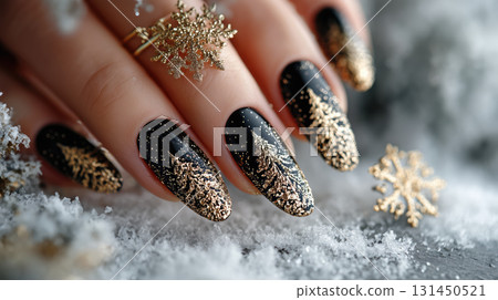 Elegant Christmas nail art with gold snowflakes Elegant Christmas nail art with gold snowflakes 131450521