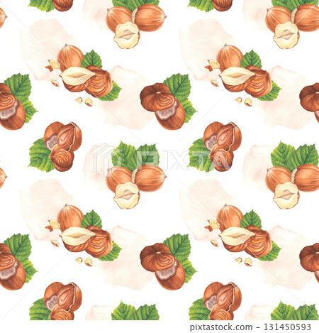 Seamless pattern with various hazelnuts compositions. Hand drawn watercolor illustration of forest filbert nuts on white background. Ideal for food packaging, restaurant menu or kitchen wallpaper. Seamless pattern with various hazelnuts compositions. Hand drawn watercolor illustration of forest filbert nuts on white background. Ideal for food packaging, restaurant menu or kitchen wallpaper. 131450593