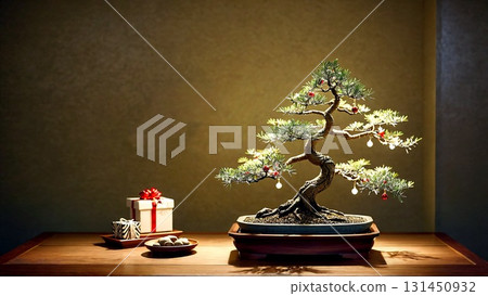 Experience the serene beauty of an elegant bonsai Christmas tree, adorned with delicate ornaments and presents, creating a warm and festive holiday spirit. 131450932