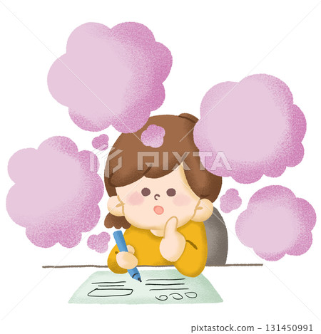 一位女士在寫作、做作業或學習時陷入沉思的插圖 131450991