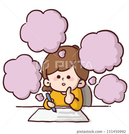 一位女士在寫作、做作業或學習時陷入沉思的插圖 131450992
