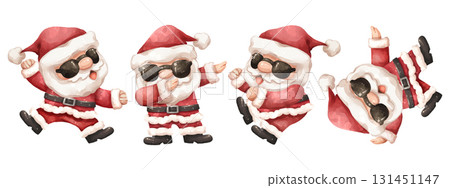 Watercolor illustration set of joyful santa claus in sunglasses is breakdancing and hiphop dancing in christmas festive . Cartoon characters on isolated white background . 131451147
