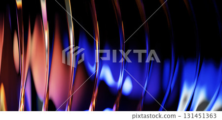 Neon ripple glass fractal texture on black 3d background with red blue radiant gradient. Abstract ribbed wave line pattern. Luminous translucent surface with bright light glow effect. 3D illustration 131451363
