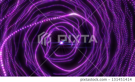 Vibrant pink vortex spiral made of glowing dots forming a futuristic abstract tunnel 131451414
