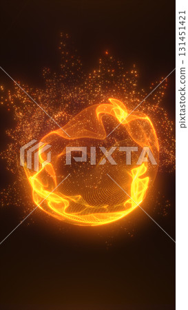 Bright glowing sphere made of orange particles and energy waves surrounded by floating sparks in space 131451421