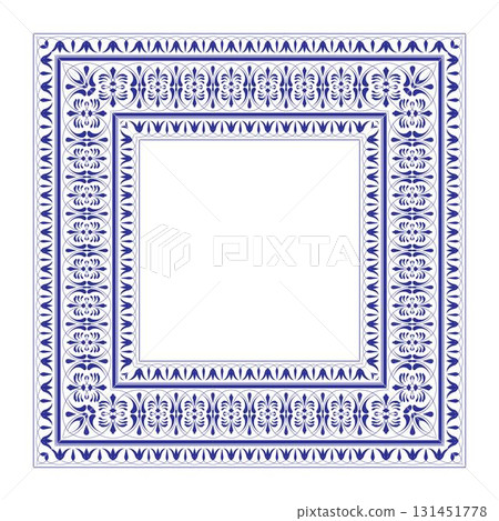 Elegant square frame with classic blue and white floral pattern. Floral plate. Vintage ornamental border frame. Template Pattern frame for textiles, embroidery, china Delftware, earthenware, ceramics 131451778