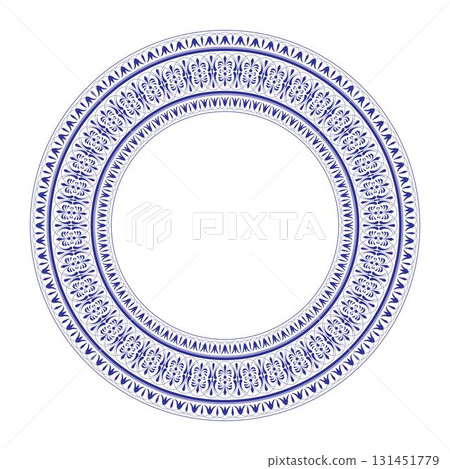 Elegant round frame with classic blue and white floral pattern. Refined border. Vintage ornamental border frame. Pattern frame for textile, embroidery, ceramic china Delftware, earthenware, plate 131451779