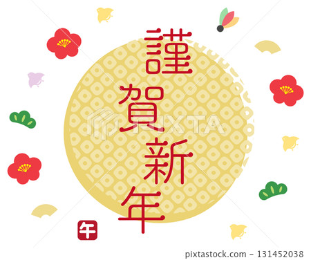 Auspicious items, Japanese patterns, and Happy New Year's Year of the Horse New Year's card materials, golden Japanese patterns 131452038