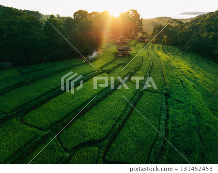 Drone aerial view of rice terrace field In Chiang Mai,Sustainable agriculture and nature Drone aerial view of rice terrace field In Chiang Mai,Sustainable agriculture and nature 131452453