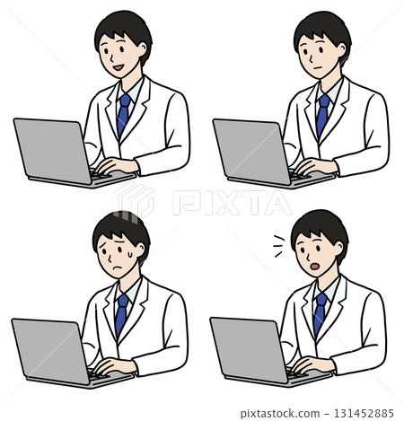 Young man in a white coat working on a PC facial expression set Young man in a white coat working on a PC facial expression set 131452885