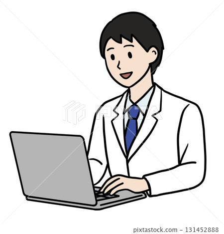 A young man in a white coat working on a PC (smiling) 131452888