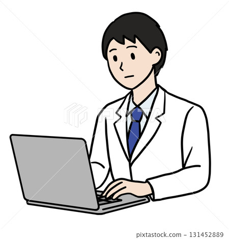 A young man in a white coat working on a PC (serious face) A young man in a white coat working on a PC (serious face) 131452889