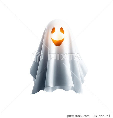 Cute Smiling Ghost Clipart Centered High Contrast Bold Outlines transparent Background Diffuse Studio Lighting Halloween Theme 131453031