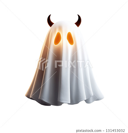 Halloween Ghost with Devil Horns Centered High Contrast Subtle Outlines transparent Background Bright Diffuse Lighting Detailed 131453032