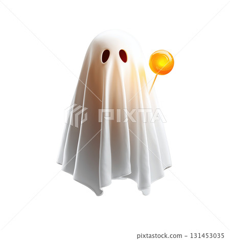 Centered Halloween Ghost Clipart with Lollipop High Contrast transparent Background Bright Diffuse Studio Lighting Intricate Detail 131453035