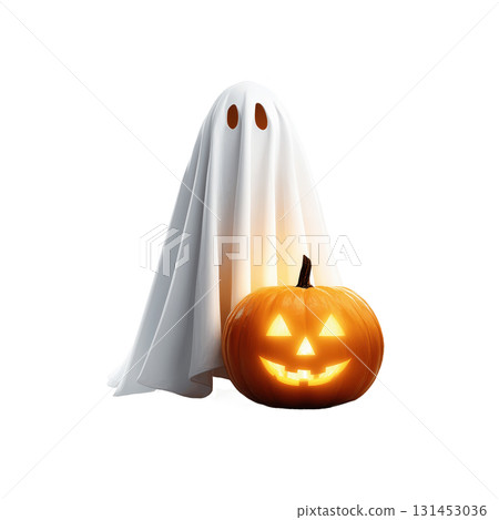 Halloween Ghost with Pumpkin Clipart Centered High Contrast transparent Background Intricate Details Volumetric Light 131453036