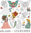 Fantasy design set with beautiful fairy Elf princess and floral elements. line art illustrations for clipart, stickers, coloring book isolated on white background. Fantasy design set with beautiful fairy Elf princess and floral elements. line art illustrations for clipart, stickers, coloring book isolated on white background. 131453093