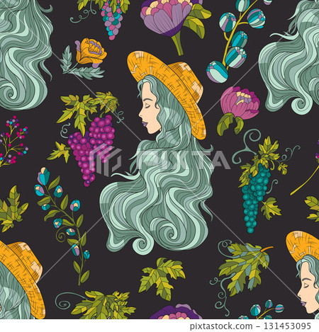 Colorful seamless pattern with girl wearing straw hat, grape berries and fantasy elements for fabric, wallpaper, scrapbooking. Cartoon vector illustration 131453095