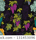 Colorful seamless pattern with ripe grape berries and portrait of beautiful girl against black background for fabric, wallpaper, scrapbooking. Cartoon vector illustration Colorful seamless pattern with ripe grape berries and portrait of beautiful girl against black background for fabric, wallpaper, scrapbooking. Cartoon vector illustration 131453096