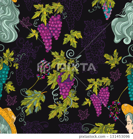 Colorful seamless pattern with ripe grape berries and portrait of beautiful girl against black background for fabric, wallpaper, scrapbooking. Cartoon vector illustration 131453096