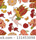 Colorful seamless pattern with beautiful elf, mushrooms and fantasy elements on white background for fabric, wallpaper, scrapbooking. Cartoon vector illustration Colorful seamless pattern with beautiful elf, mushrooms and fantasy elements on white background for fabric, wallpaper, scrapbooking. Cartoon vector illustration 131453098