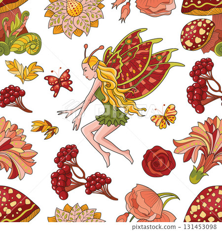 Colorful seamless pattern with beautiful elf, mushrooms and fantasy elements on white background for fabric, wallpaper, scrapbooking. Cartoon vector illustration Colorful seamless pattern with beautiful elf, mushrooms and fantasy elements on white background for fabric, wallpaper, scrapbooking. Cartoon vector illustration 131453098