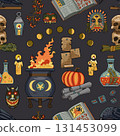 Colorful seamless pattern with Halloween ritual objects on black background for fabric, wallpaper, scrapbooking. Cartoon vector illustration Colorful seamless pattern with Halloween ritual objects on black background for fabric, wallpaper, scrapbooking. Cartoon vector illustration 131453099