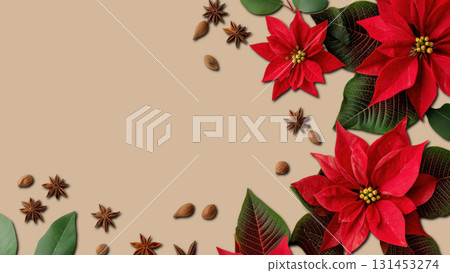 Bright red poinsettias and spices add holiday cheer, created with AI 131453274