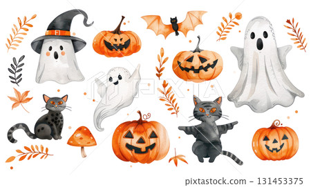 Whimsical Halloween illustration featuring ghosts, pumpkins, bats, and playful black cats in vibrant orange and gray tones. Isolated on transparent background. PNG, cutout 131453375