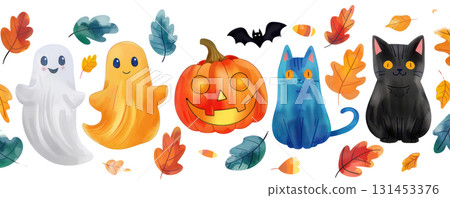 Colorful Halloween illustration featuring playful ghosts, a pumpkin, a black cat, and a blue cat with autumn leaves. Isolated on transparent background. PNG, cutout 131453376