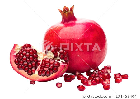 Vibrant red pomegranate fruit with sliced section revealing juicy seeds and scattered arils. Isolated on transparent background. PNG, cutout 131453404
