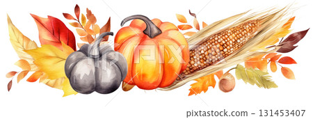 Watercolor illustration of pumpkins, corn, and autumn leaves creating a vibrant seasonal harvest display. Isolated on transparent background. PNG, cutout 131453407