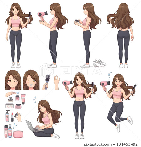 Girl drying her long hair with blow dryer, use cosmetics and other care products. Beauty and haircare concept. Illustration design. Girl drying her long hair with blow dryer, use cosmetics and other care products. Beauty and haircare concept. Illustration design. 131453492