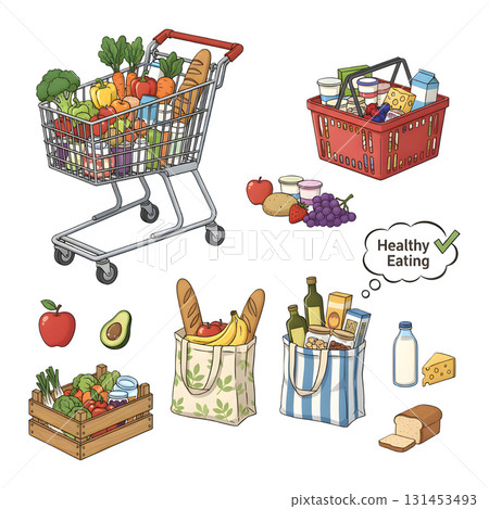 Grocery products in supermarket basket. Vegetables, oil, pasta and other grocery processed and fresh food. Healthy eating concept. illustration design 131453493
