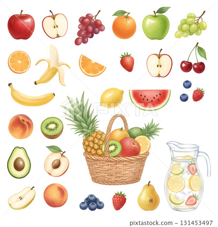 Set of fruits characters. Watercolour illustration design. Set of fruits characters. Watercolour illustration design. 131453497