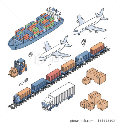 Transportation vehicles, cargo ship, aircraft, goods truck, freight train. Global logistic, cargo transport, import, export concept. Flat isometric illustration design. 131453498