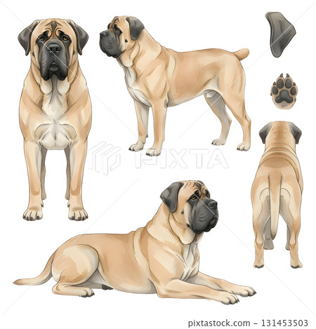 Set of dog characters. English Mastiff, Watercolour illustration design. 131453503