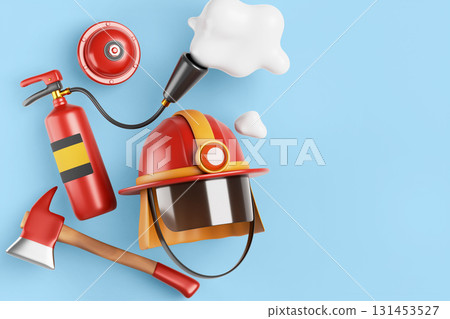 Fireman uniform and equipment set on blue bg. Emergency rescue service 3d banner with helmet, foam extinguisher, red alarm bell, axe. Poster template for International Firefighter Day. 3D illustration 131453527