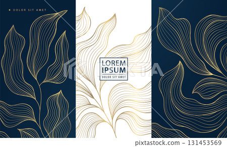 Elegant abstract vector background, golden floral patterns, palm leaves, ornate line textures, Art Deco style. Luxury wallpapers, wedding cards, fabric prints 131453569