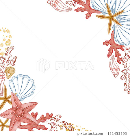 Square edging frame of sandy starfish and red coral in watercolor style. Hand drawn outline art with in colored pencil sketch. Great for summer card template. Perfect for nautical coastal print. Square edging frame of sandy starfish and red coral in watercolor style. Hand drawn outline art with in colored pencil sketch. Great for summer card template. Perfect for nautical coastal print. 131453593
