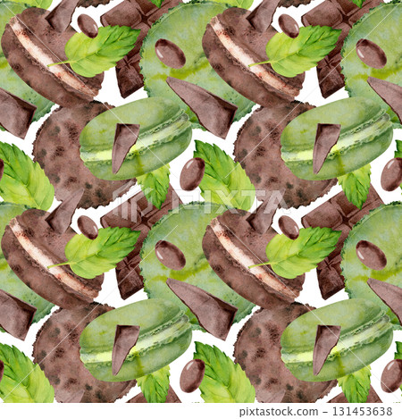 Watercolor illustration of chocolate whoopie pies, macarons with mint leaves and cocoa coated dragee. Isolated tiled designs, dessert packaging, culinary scrapbooks, seamless clipart collections. 131453638