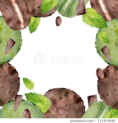 Stack of whoopie pies, macaron buns with fresh mint leaves, chocolate crumbs, dragee candy in watercolor. Hand painted isolated illustration. Bakery frame design, food magazine border, tea house menu. Stack of whoopie pies, macaron buns with fresh mint leaves, chocolate crumbs, dragee candy in watercolor. Hand painted isolated illustration. Bakery frame design, food magazine border, tea house menu. 131453640