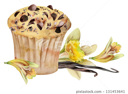 Watercolor chocolate frosted cupcake, muffin in paper wrapping with cocoa chips, vanilla flowers and seed pods. Isolated hand painted illustration. Baking kits, cafe branding packs, culinary blog art Watercolor chocolate frosted cupcake, muffin in paper wrapping with cocoa chips, vanilla flowers and seed pods. Isolated hand painted illustration. Baking kits, cafe branding packs, culinary blog art 131453641