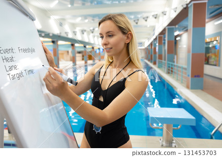 Female swimming coach standing poolside with stopwatch during training Female swimming coach standing poolside with stopwatch during training 131453703