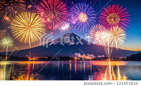 富士山上空綻放的彩色煙火的CG插畫。煙火節、新年賀卡素材。 131453810