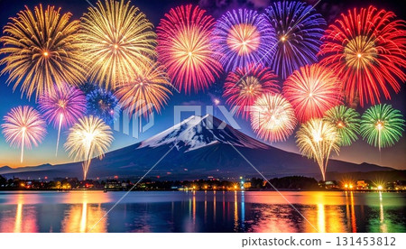 富士山上空綻放的彩色煙火的CG插畫。煙火節、新年賀卡素材。 131453812