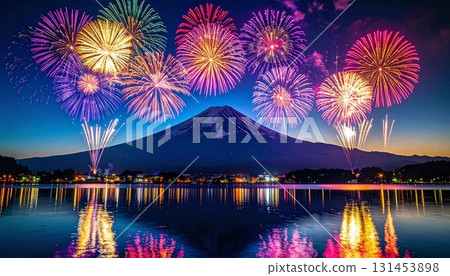 富士山上空綻放的彩色煙火的CG插畫。煙火節、新年賀卡素材。 131453898