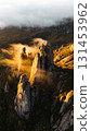 Wind eroded granite spires in the misty highlands 131453962