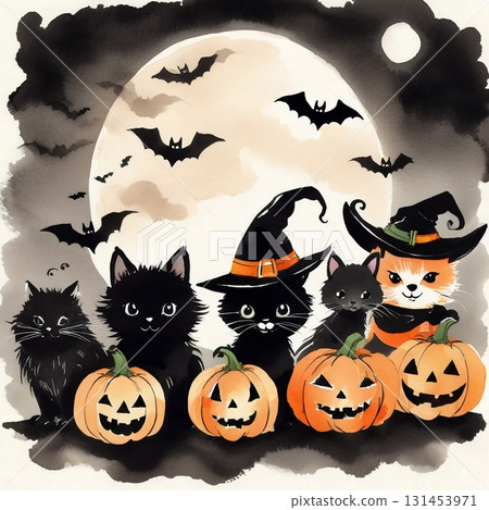 Halloween black cats and pumpkin illustration 131453971