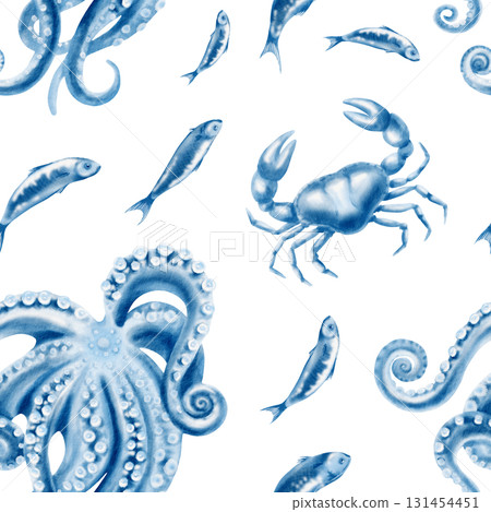 Stylized monochrome marine pattern featuring octopus,crab and sardines in blue and white.Watercolor seamless repeat design for textile printing,nautical paper goods,sustainable seafood packaging Stylized monochrome marine pattern featuring octopus,crab and sardines in blue and white.Watercolor seamless repeat design for textile printing,nautical paper goods,sustainable seafood packaging 131454451